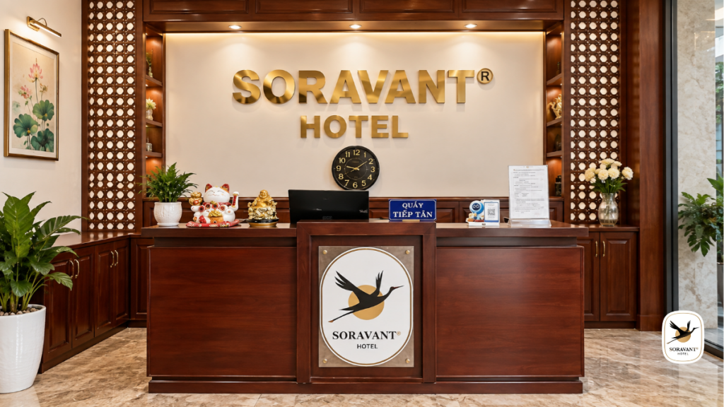Quầy lễ tân Soravant Hotels hỗ trợ khách lưu trú tại Thành phố mới Bình Dương